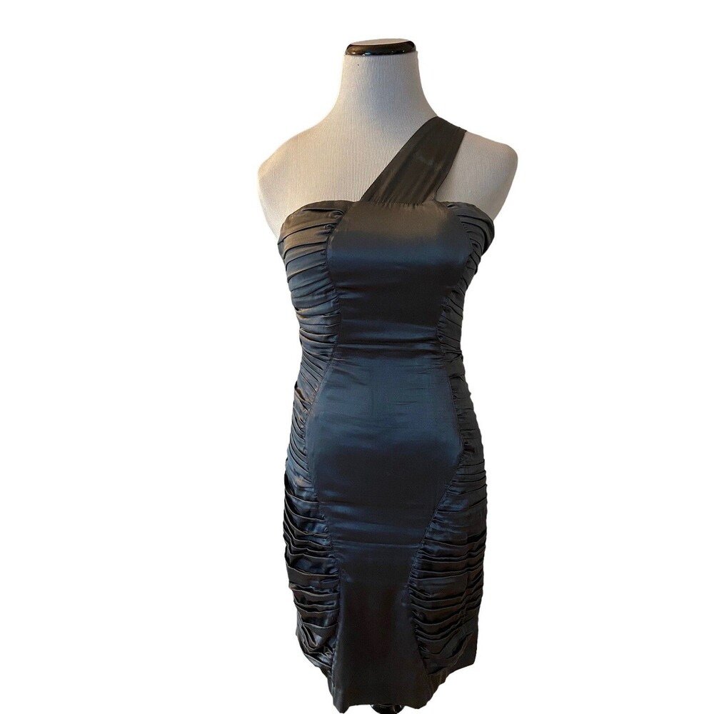 Bebe Womens Silk One Shoulder Ruched Bodycon Dress Size M Gray Y2K Homecoming